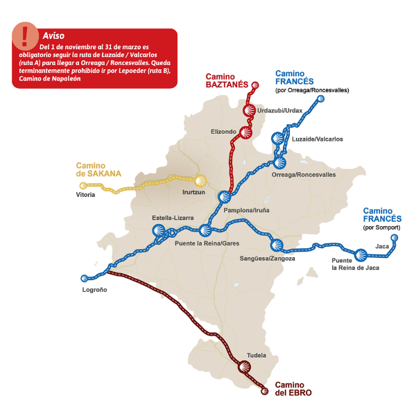 Map with the two branches of the Camino Frances as it passes through Navarre